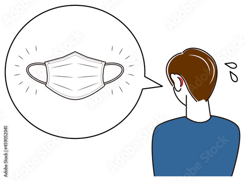 スキンケア マスクの着用が原因で耳の後ろ側が傷ついてしまい痛い男性 イラスト シンプル ベクター