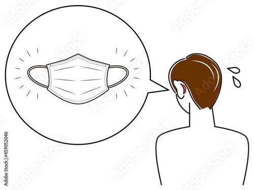 スキンケア マスクの着用が原因で耳の後ろ側が傷ついてしまい痛い男性 イラスト シンプル ベクター