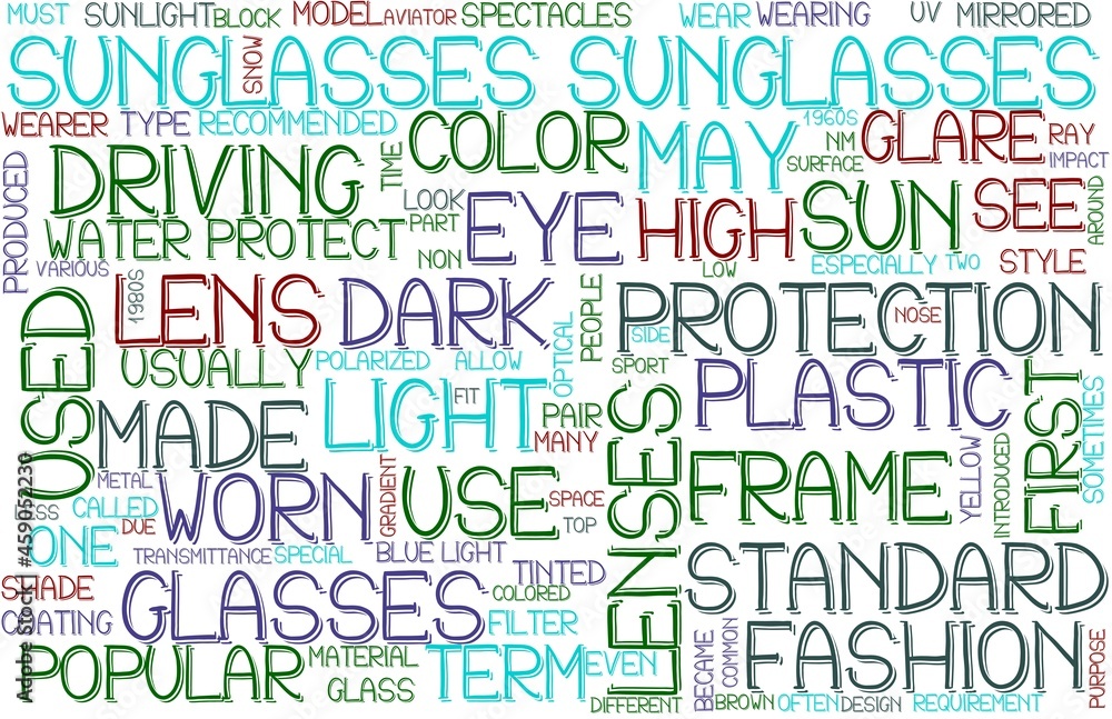 Sunglasses Wordcloud Tshirt Banner, Wallpaper, Background, Book Cover, Wordart