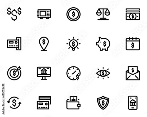 sest of finance line icons, fintech, currency, payment