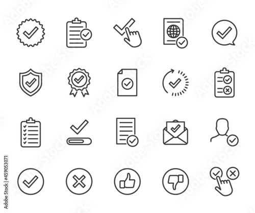 Vector set of approved line icons. Contains icons accepted document, approved and rejected, checklist, warranty, stamp, quality control and more. Pixel perfect. photo