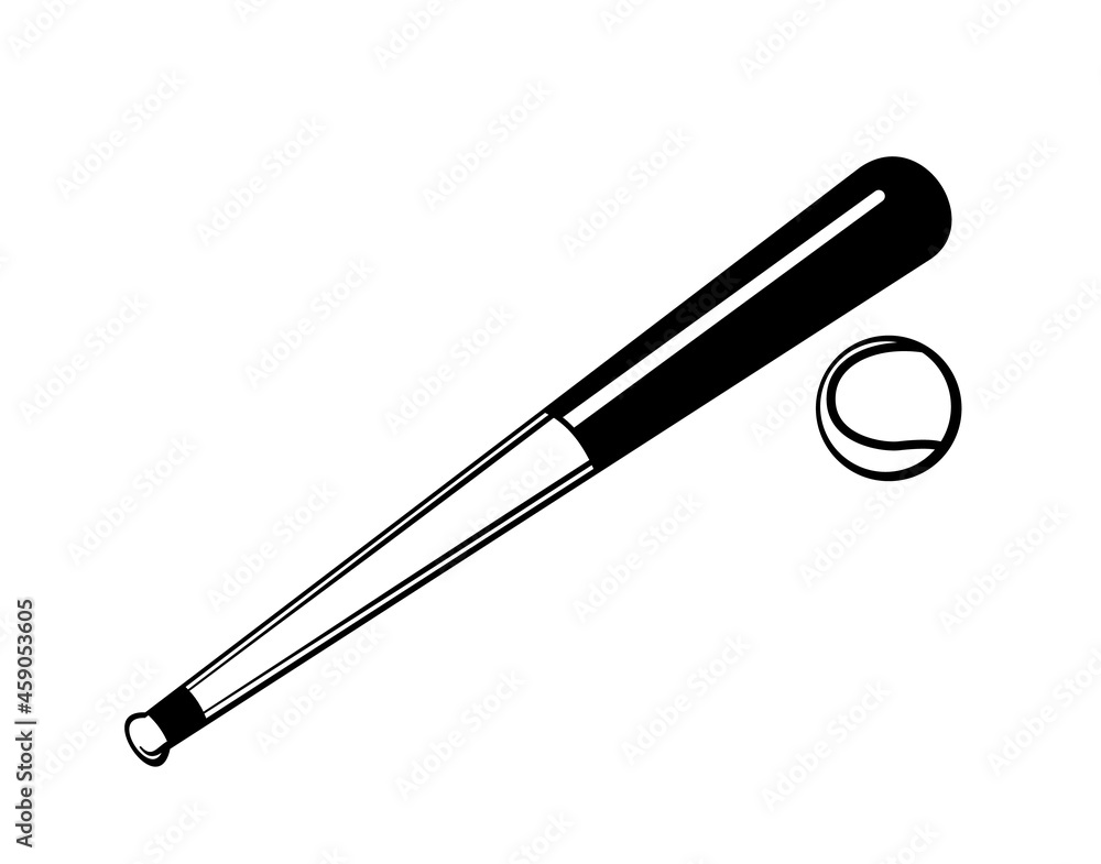 Baseball bat and ball. Sports equipment for athletes. Isolated on white background. Symbol, icon. Monochrome Stencil Illustration Vector Baseball bat and ball. Sports equipment for athletes. Isolated on white background. Symbol, icon. Monochrome Stencil Illustration Vector