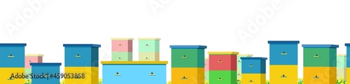 Apiary with bees and hives. Horizontal bottom border. Seamless illustration. Isolated on white background. Vector