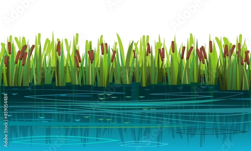 River bank for recreation and fishing. Cute summer rural landscape with water. Current and waves. Reflection. Summer Horizontal composition. Illustration vector
