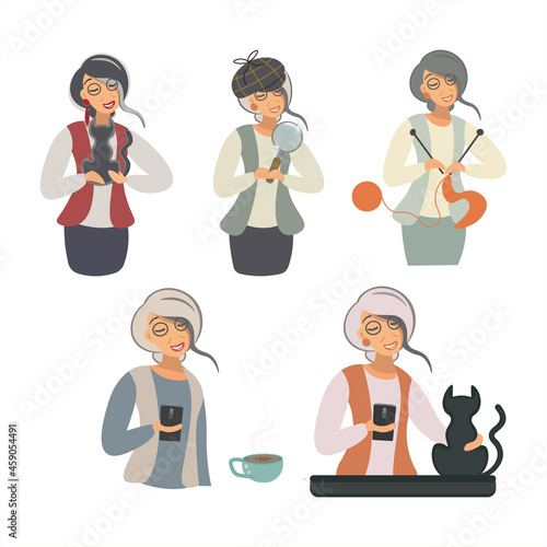 Set of cute female characters of old age at home. A lady with a cat, a magnifying glass, knits and drinks coffee. Isolated vector illustration. Fashion trends of modern people.