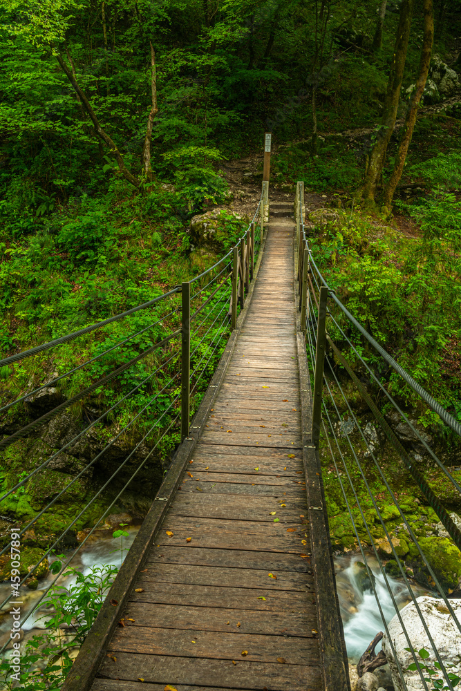 Fototapeta premium Tolmin Gorge River Canyon in Slovenia Soca Valley. Wooden Suspension Bridge
