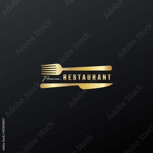 golden restaurant logo fork and knife concept vintage vector illustration design