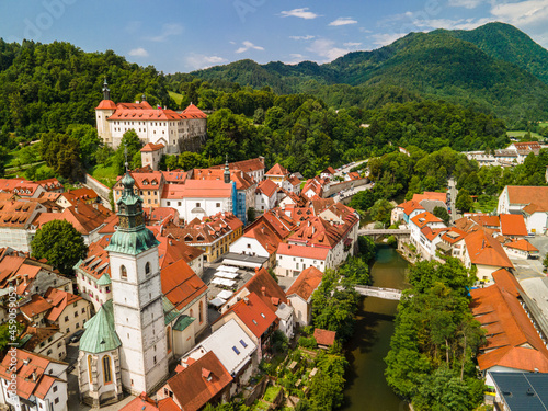 Cityscape of Skofja Loka in Slovenia. Aerial Drone View. photo