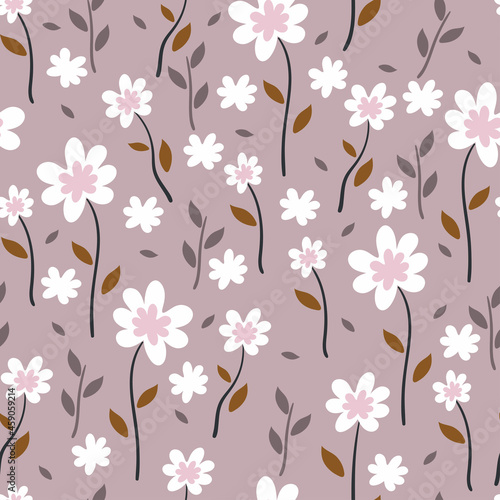 Seamless pattern with cute cartoon flower and leaves for fabric print, textile, gift wrapping paper. colorful vector for textile, flat style