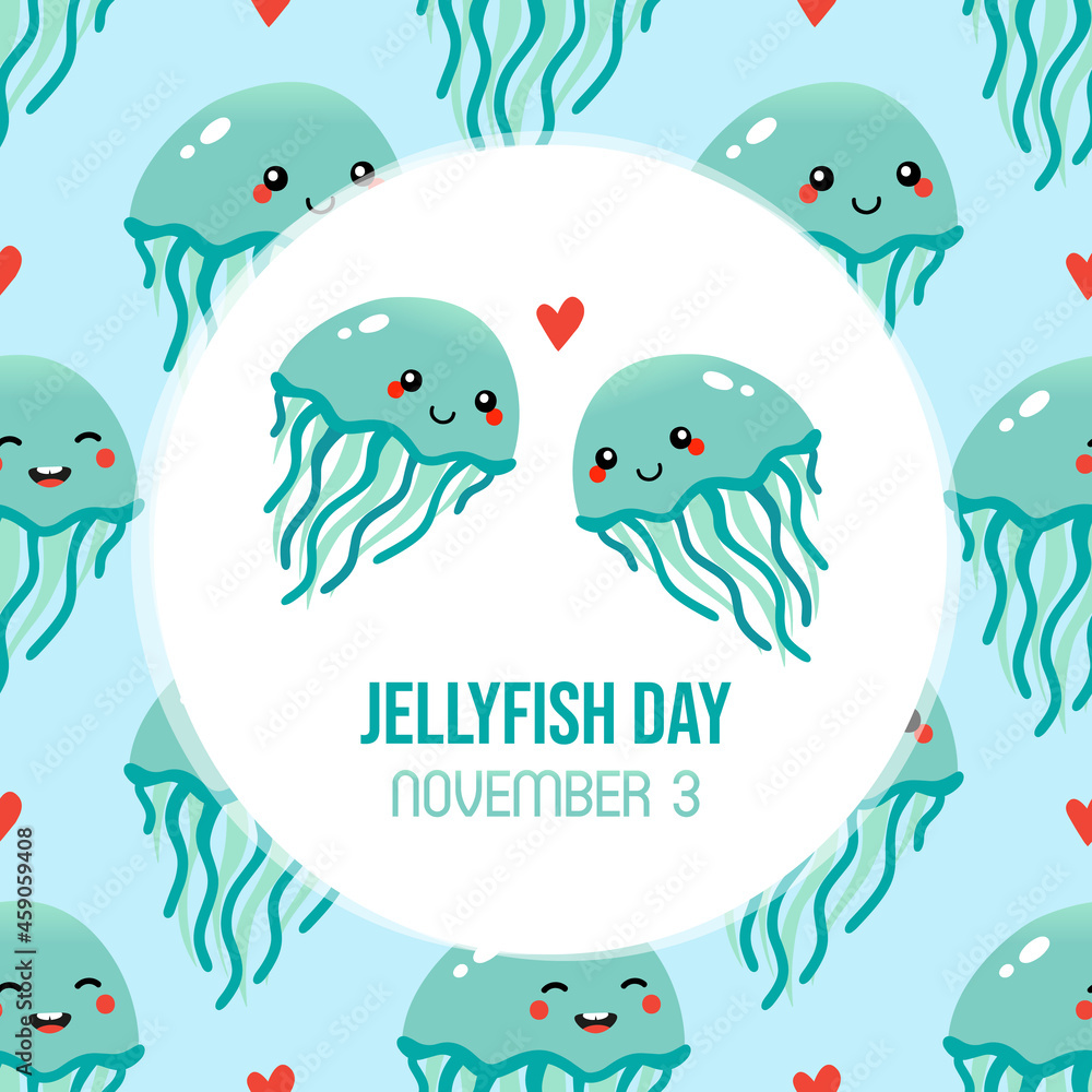 World Jellyfish Day greeting card, illustration with cute cartoon style couple of jellyfish characters with heart and seamless pattern background. November 3.
