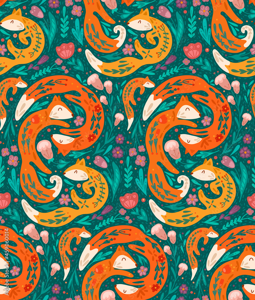 Seamless pattern with fox family with folk pattern and floral decoration. Vector hand drawn flat animal texture with plants, flower ornaments. Seamless pattern with fox family with folk pattern and floral decoration. Vector hand drawn flat animal texture with plants, flower ornaments.