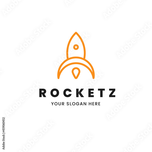Isolated simple and minimalist monoline outline image of orange rocket ship with fire logo