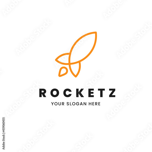 Isolated simple and minimalist monoline outline image of orange rocket ship with fire logo