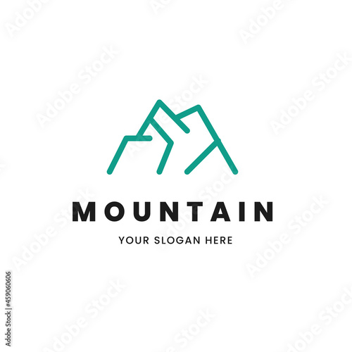Isolated simple and minimalist monoline outline image of blue mountain logo. Logo for the mountain climbing or travel shop.