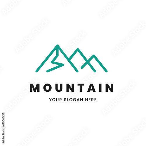 Isolated simple and minimalist monoline outline image of blue mountain logo. Logo for the mountain climbing or travel shop.