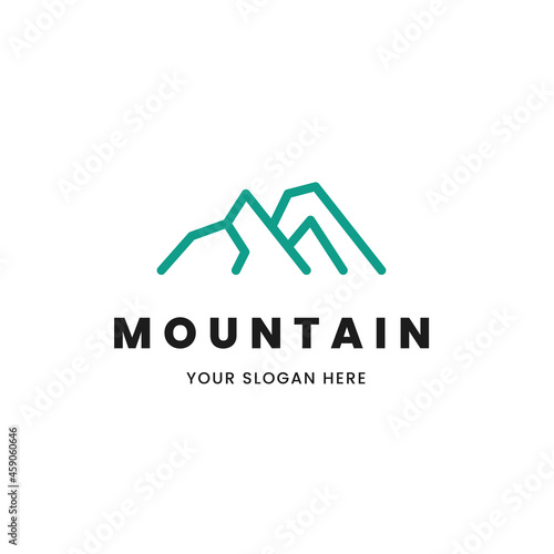 Isolated simple and minimalist monoline outline image of blue mountain logo. Logo for the mountain climbing or travel shop.