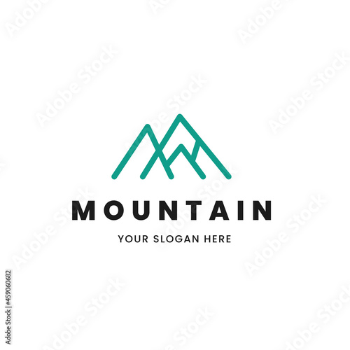 Isolated simple and minimalist monoline outline image of blue mountain logo. Logo for the mountain climbing or travel shop.