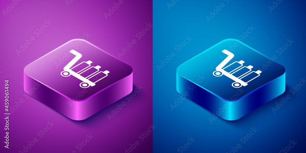 Isometric Trolley suitcase icon isolated on blue and purple background. Traveling baggage sign. Travel luggage icon. Square button. Vector Isometric Trolley suitcase icon isolated on blue and purple background. Traveling baggage sign. Travel luggage icon. Square button. Vector