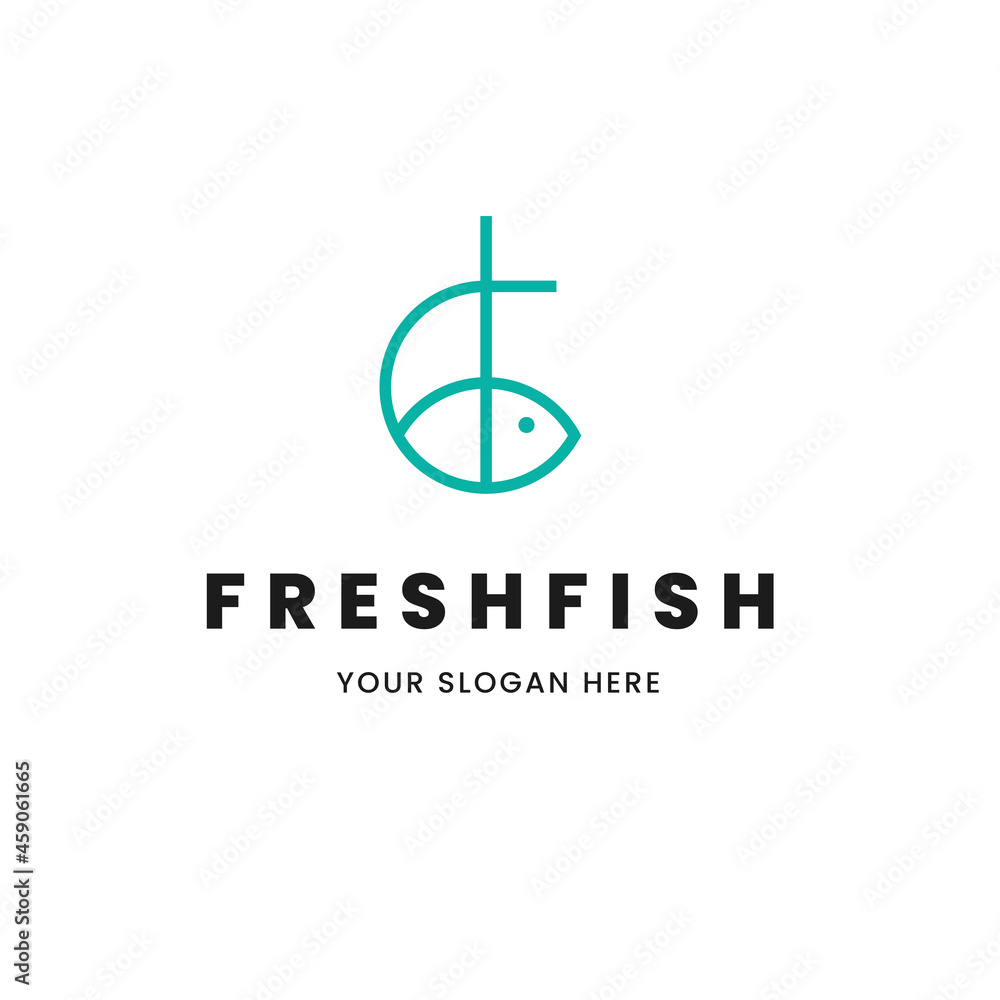 Isolated minimalist monoline outline image of blue fish logo Isolated minimalist monoline outline image of blue fish logo