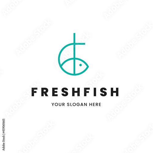 Isolated minimalist monoline outline image of blue fish logo