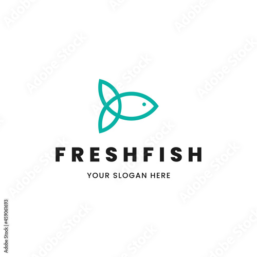 Isolated minimalist monoline outline image of blue fish logo