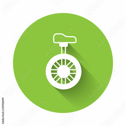 White Unicycle or one wheel bicycle icon isolated with long shadow background. Monowheel bicycle. Green circle button. Vector