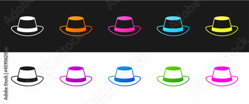 Set Oktoberfest hat icon isolated on black and white background. Hunter hat with feather. German hat. Vector