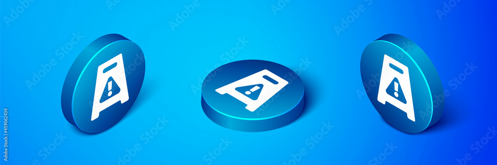 Isometric Wet floor and cleaning in progress icon isolated on blue background. Cleaning service concept. Blue circle button. Vector Isometric Wet floor and cleaning in progress icon isolated on blue background. Cleaning service concept. Blue circle button. Vector