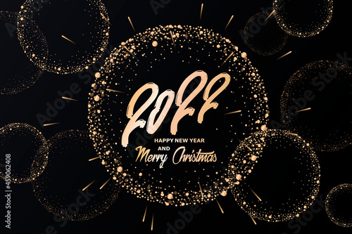 2022 New Year and Christmas. Fireworks, golden garlands, sparkling particles. Set of Christmas sparkling templates for holiday banners, flyers, cards, invitations, covers, posters. Vector illustration