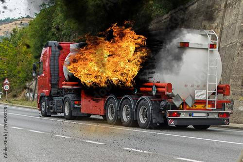 Truck on fire. Tanker truck. The fire engulfed a truck carrying fuel. The fuel tank exploded.