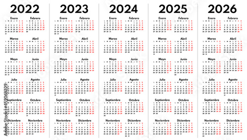 2022 2023 2024 2025 2026 spanish monthly calendar grid, vector template