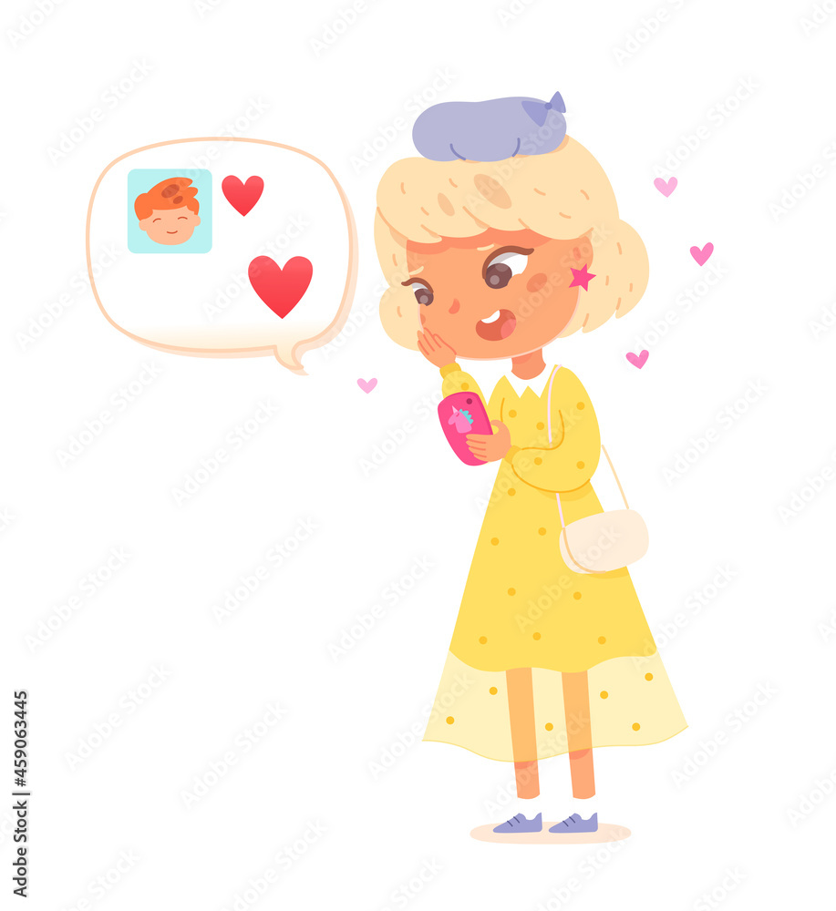 Love match bubble with hearts in chat app and kid, happy girl boy flirt on online date Love match bubble with hearts in chat app and kid, happy girl boy flirt on online date