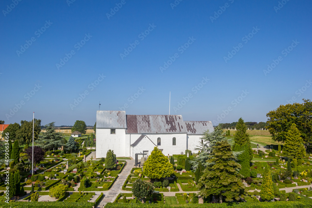 Aerial view of the cemetery and church of Jelling, Denmark