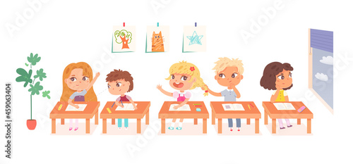 Teacher and children in school classroom, group of cute boy girl sitting on lesson