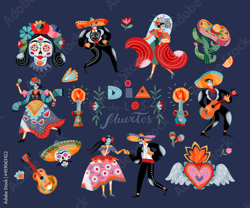 Set of traditional Mexican holiday Day of The Dead decoration vector flat illustration