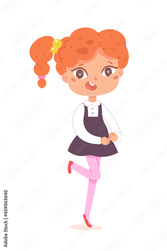 Kid in cute uniform, schoolgirl student of elementary school, pupil running to lesson