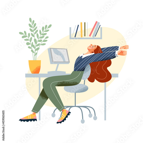 Businesswoman training, doing yoga exercise in office vector illustration. Cartoon young woman character stretching body in yoga asana to avoid back ache from working while sitting isolated on white.