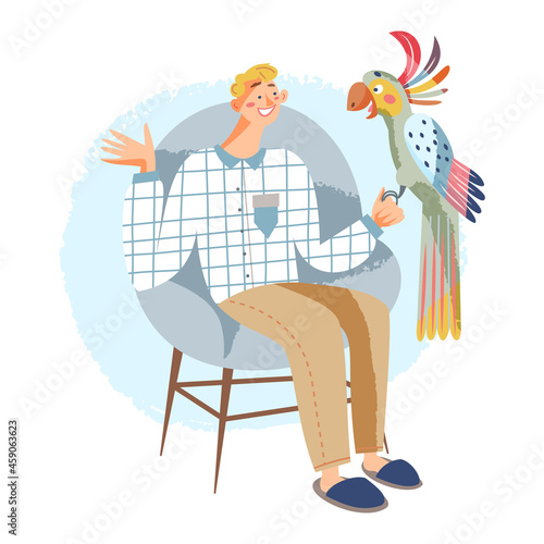 People pet owners and bird friend have fun together, happy man holding big parrot