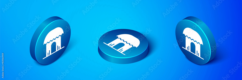 Isometric African hut icon isolated on blue background. African house symbol. Blue circle button. Vector Isometric African hut icon isolated on blue background. African house symbol. Blue circle button. Vector