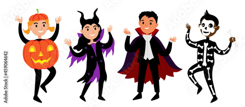 Kids in halloween costumes set. Diverse cute halloween characters in carnival costumes of vampire, skleleton, maleficent and pumpkin. Vector illustration in flat cartoon style isolated on white.