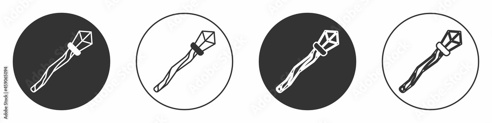 Black Magic staff icon isolated on white background. Magic wand, scepter, stick, rod. Circle button. Vector Black Magic staff icon isolated on white background. Magic wand, scepter, stick, rod. Circle button. Vector