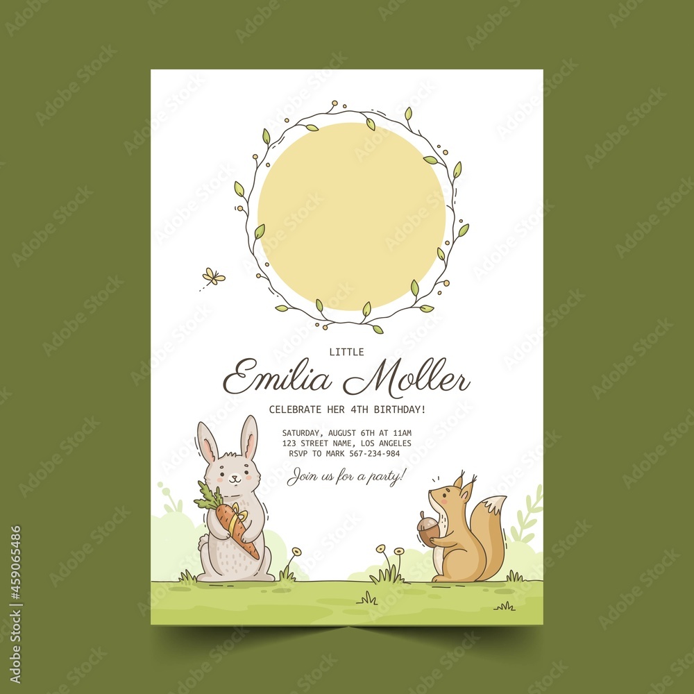 hand drawn animals birthday invitation template with photo vector design illustration