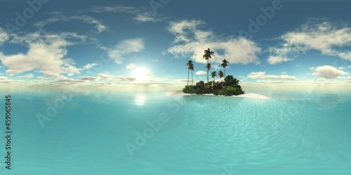 Tropical island with a palm tree at sunset. HDRI, environment map , Round panorama, spherical panorama, equidistant projection, panorama 360, seascape, 3d rendering. © ustas