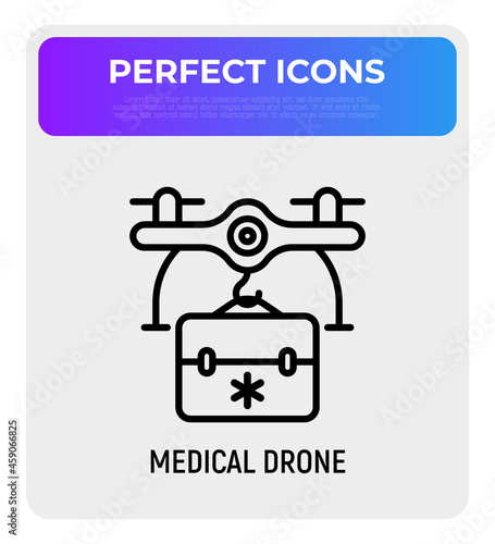 Mediine drone delivery thin line icon. Modern vector illustration. photo