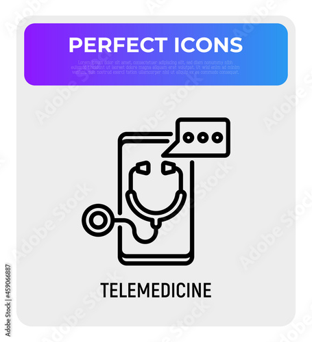 Telemedicine thin line icon, stethoscope with speech bubble on screen of smartphone. Modern vector illustration of online medical consultant.