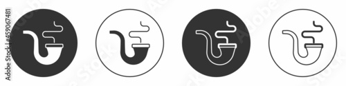 Black Smoking pipe with smoke icon isolated on white background. Tobacco pipe. Circle button. Vector