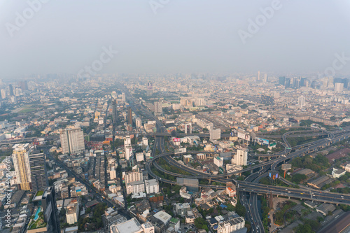 Landscape of the top view Bangkok metropolis Thailand with the dirty clouds air pollution problem and issue. the tower and building in business area