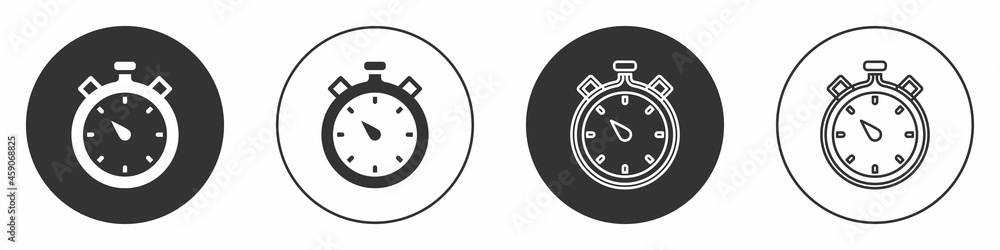 Black Stopwatch icon isolated on white background. Time timer sign. Chronometer sign. Circle button. Vector Black Stopwatch icon isolated on white background. Time timer sign. Chronometer sign. Circle button. Vector