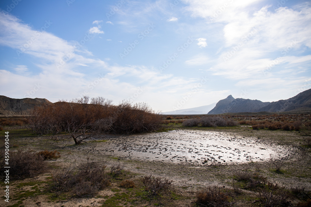 A dry small lake in the mountains. Sangachaly. Azerbaijan.
