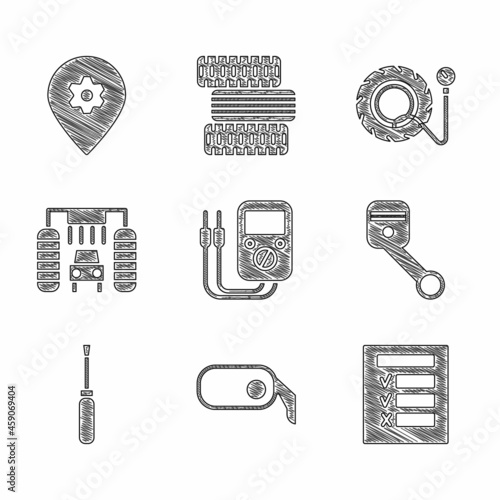 Set Multimeter, Car rearview mirror, inspection, Engine piston, Screwdriver, wash, Tire pressure gauge and Location with car service icon. Vector